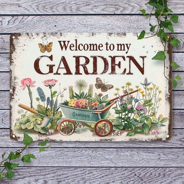 Rustikales Metallschild CIFBUY Welcome to My Garden als Wanddekoration mit floralem Design, B/H: 20,3 x 30,5 cm, Mehrfarbig - Bild 1
