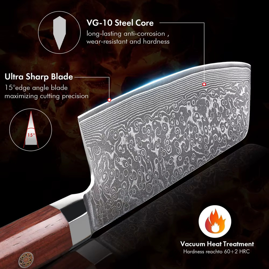HUAYIGRAND Hackmesser aus Damaststahl in Silber mit Holzgriff, 19,05 cm professionelles japanisches Küchenmesser für Fleisch und Gemüse - Bild 4