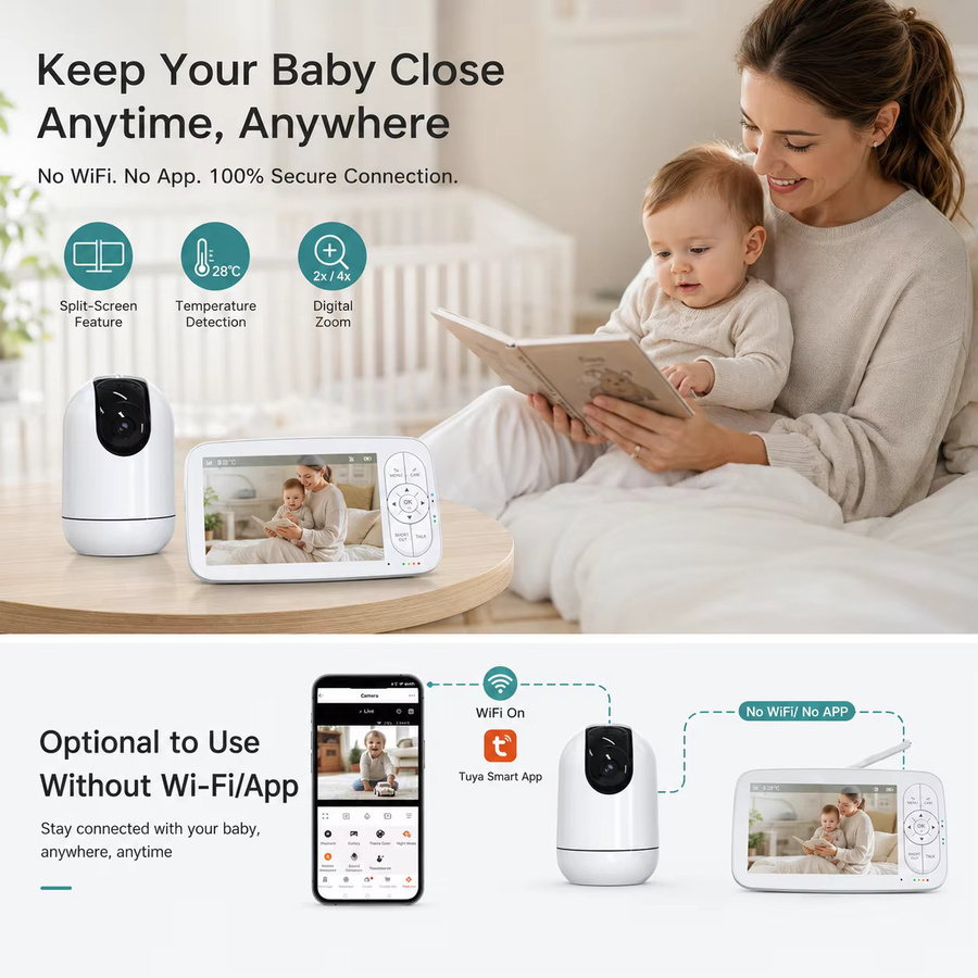 Aurovue HD-Video-Babyphone-Set mit 5-Zoll-Bildschirm, Tuya Smart App Steuerung, Zwei-Wege-Audio, Infrarot-Nachtsicht und Temperaturüberwachung, Weiß - Bild 5