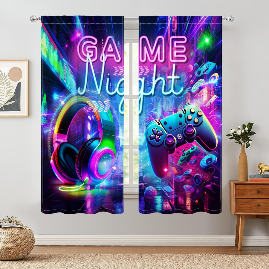2er-Set Yiran Furniture E-Sports Vorhänge im Neon Style mit VR- und Gaming-Print, halbtransparent, Mehrfarbig, B: 50 cm, H: 130 cm - Bild 2