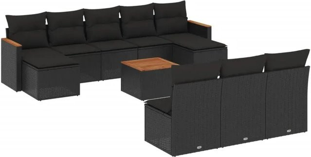 vidaXL 11-teilige Garten-Sofagarnitur aus Poly-Rattan und Akazienholz in Schwarz mit Kissen - Bild 1