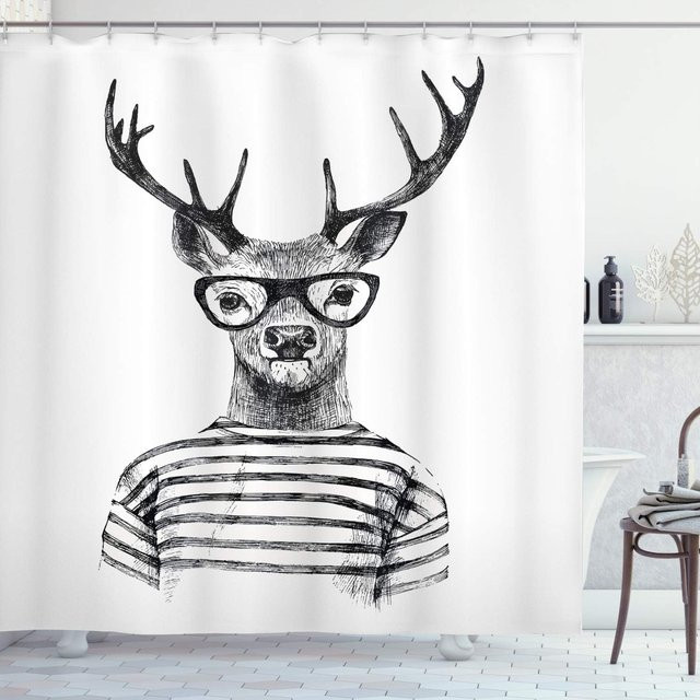 Dunika Chen Duschvorhang Hipster Hirsch mit Haken, Schwarz-Weiß, Monochrom Skizze, Breite: 60 cm, Höhe: 190 cm - Bild 1