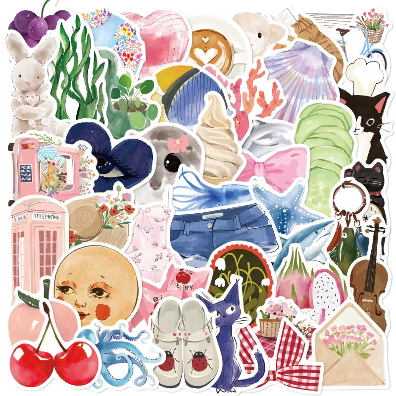 50 Stück Aquarell Aufkleber mit Katzen, Delfinen und Herzen, wasserfest, multicolor, ideal für Laptop, Tagebuch und Handyhülle - Bild 2