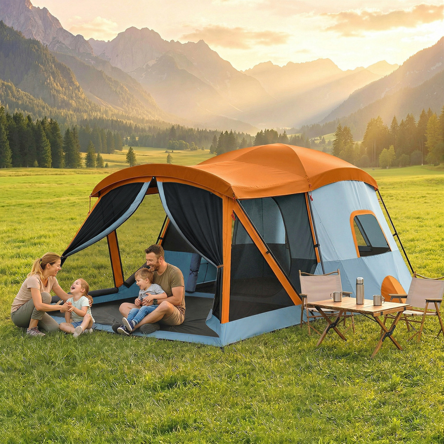 Aosom Outsunny Tunnelzelt für 4 Personen in Orange-Blau mit Schlaf- und Wohnzimmer, Dachfenstern und Bodenplane, Stehhöhe: 300 cm - Bild 2