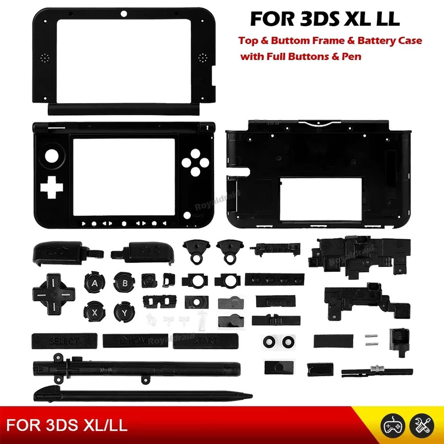 Schwarzes Ersatzgehäuse für Nintendo 3DS XL LL inklusive mittlerem und oberem Kunststoffgehäuse, Batteriefach sowie vollständiger Tasten- und Stiftausstattung - Bild 2