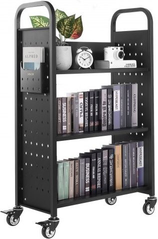 VEVOR Bücherwagen aus Kohlenstoffstahl, einseitiges L-förmiges Bücherregal mit Doppelbremsrollen, Schwarz, B/T/H: 77 x 38 x 122 cm - Bild 1