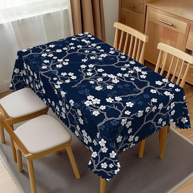 Wasserdichte Tischdecke mit Kirschblüten-Blumenmuster von JMG Household Supplies in Marineblau, B: 100 cm, T: 160 cm - Bild 1