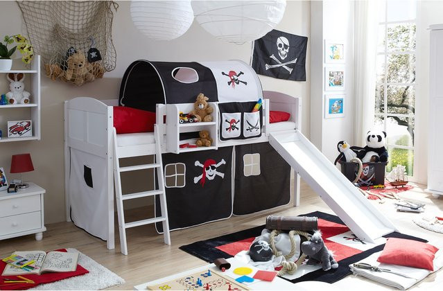TiCAA Hochbett Ekki Country mit Rutsche aus Kiefer Holz in Weiß mit Motiv - Bild 1