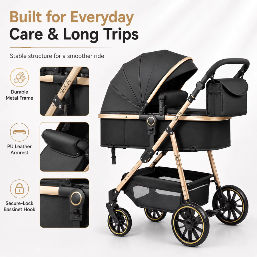 3-in-1 Baby-Kinderwagen Reisesystem mit Babywanne und Babyschale, faltbar und leicht, Schwarz-Gold mit Stoßdämpfung und EVA-Rädern - Bild 5