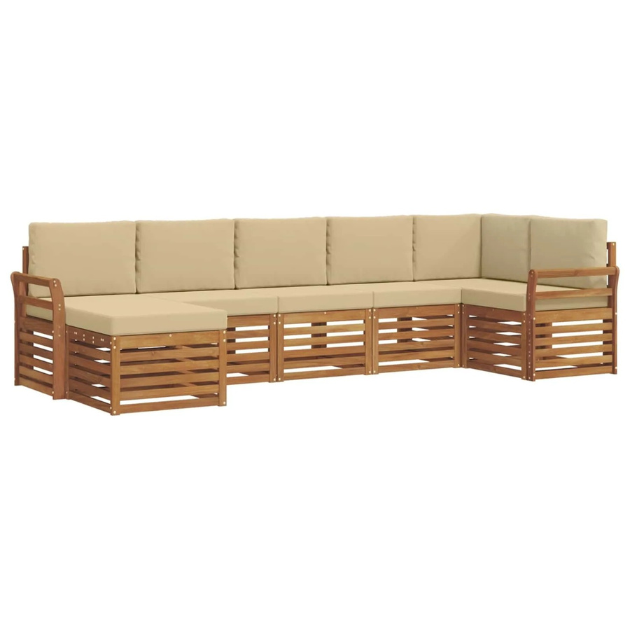 vidaXL Sofagarnitur 7-teilig L-Form aus Massivholz Akazie in Natur und Beige mit Polsterkissen und Latten-Design - Bild 2
