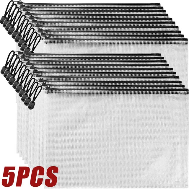 Set aus 3 oder 5 transparenten Mesh Dokumentenmappen mit Reißverschluss für Büro und Schule, Größen A3 bis A6, Weiß - Bild 1