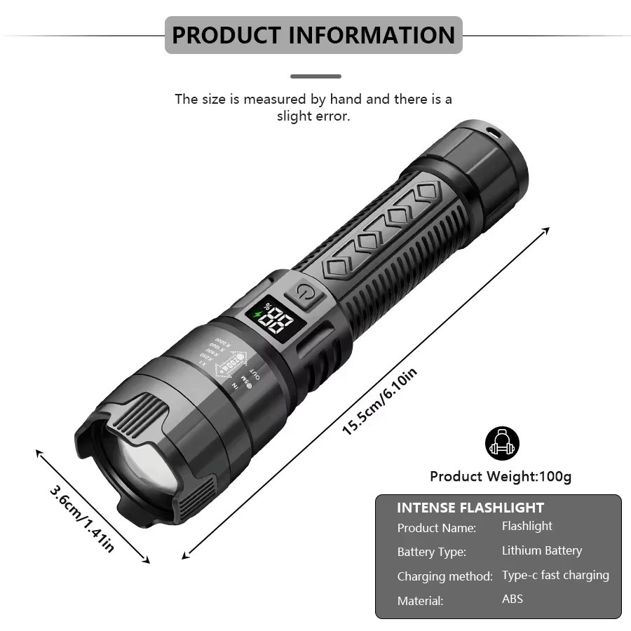 Heinast Tragbare Teleskop-Zoom-Handtaschenlampe in Schwarz mit 3 Beleuchtungsmodi, wiederaufladbar und wasserdicht mit Leistungsanzeige - Bild 5