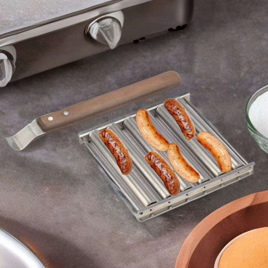 Alloet Hot Dog Roller mit Holzgriff für 5 Würstchen, BBQ Wurstgrill Zubehör - Bild 3
