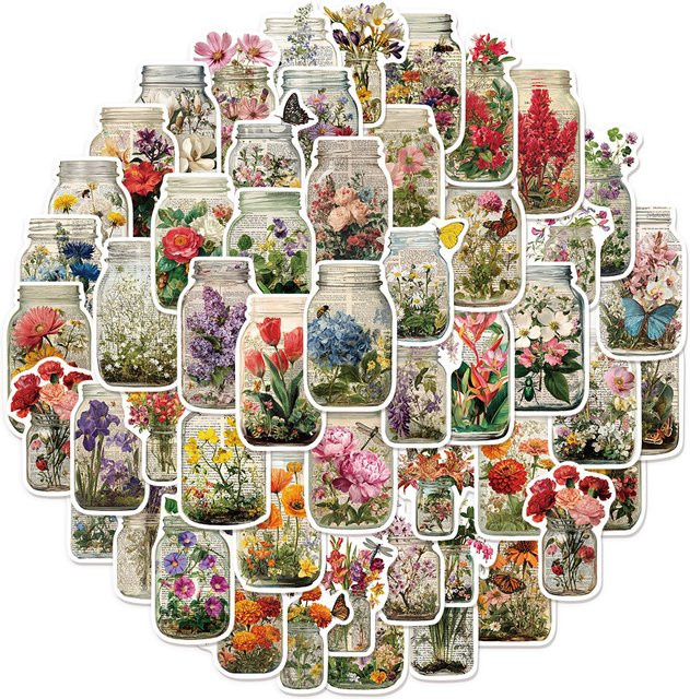 Charile Retro Flasche Blume Cartoon Aufkleber, multicolor, 10-teiliges Set - Bild 1