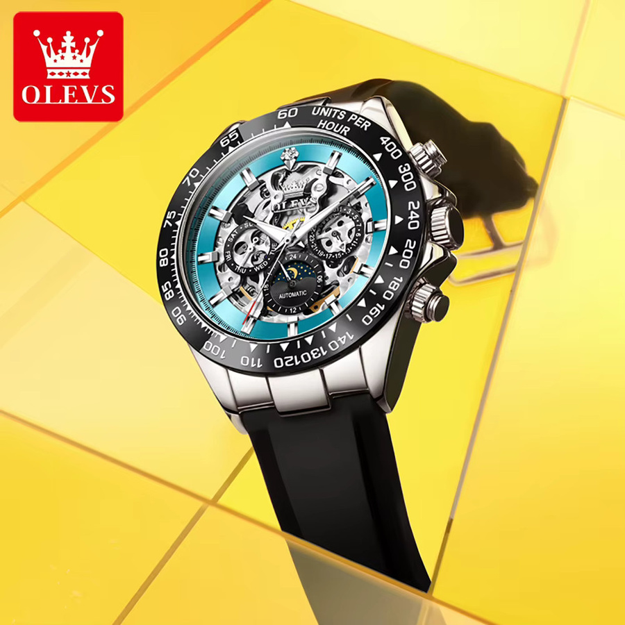OLEVS Armbanduhr, Automatik, Skelett, Mondphase, Silikonarmband, Herren - Bild 2