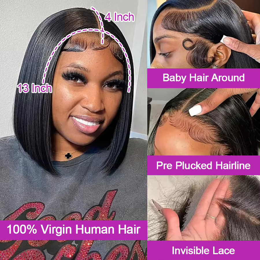 HJ WEAVE BEAUTY Bob-Perücke aus Echthaar, 13x6 HD-Lace-Front, Unisex - Bild 3