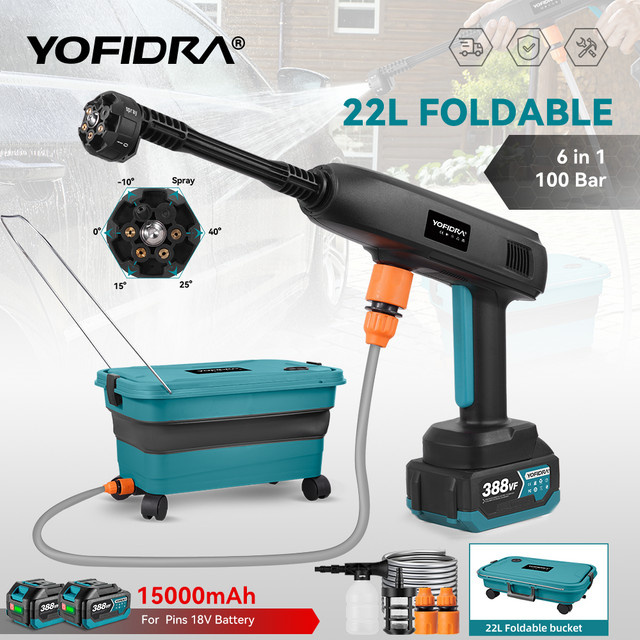 YOFIDRA 6in1 Elektrische Hochdruck-Spritzpistole mit 100 Bar und faltbarem 22L Wasserbehälter für Makita 18V Akku - Bild 1
