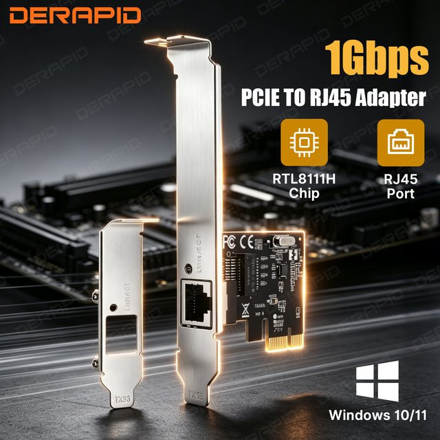 DERAPID Gigabit-Ethernet-PCIe-Netzwerkkarte mit RTL8111H Chip, 10/100/1000Mbps RJ45 LAN-Adapter für Desktop-PC, kompatibel mit Windows 10/11 Pro - Bild 1