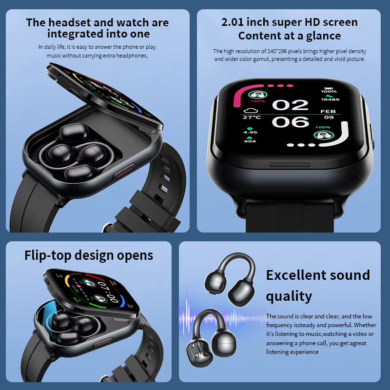 LIGE 2-in-1 Smartwatch und TWS Ohrclip-Kopfhörer in Schwarz mit Herzfrequenz- und Schlaf-Tracking - Bild 5