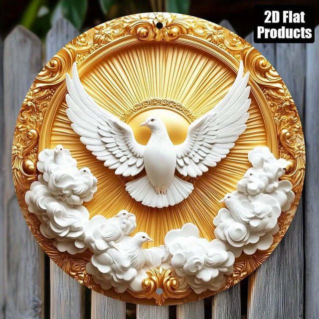 Rundes Aluminiumschild Potdemiel mit Tauben-Motiv in Gold, Vintage Wanddeko aus Metall, Durchmesser: 20 cm - Bild 1