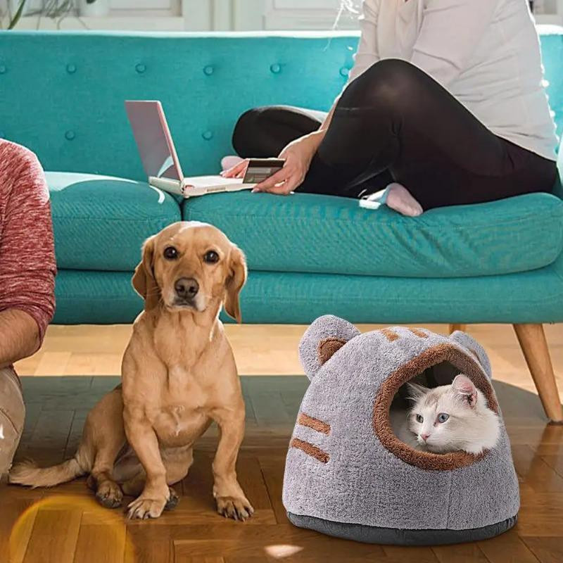 Gemütliches Katzenbett in Bärenkopfform von Household supplies MH, Plüsch-Katzenhöhle für den Winter, Farbe: Grau, B/T/H: 32 x 30 x 30 cm - Bild 3