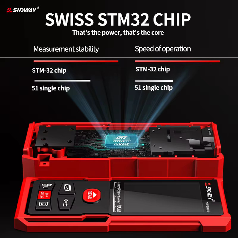 Sndway Digitales Laser-Entfernungsmesser in Rot zur Messung von Entfernung, Fläche und Volumen mit Selbstkalibrierung, Reichweite: 120 m - Bild 4