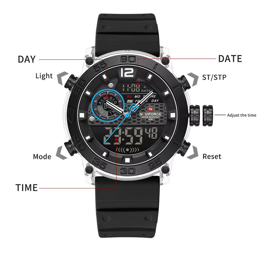 NAVIFORCE Armbanduhr, Quarz, Analog-Digital, Silikon, Schwarz, Herren - Bild 5