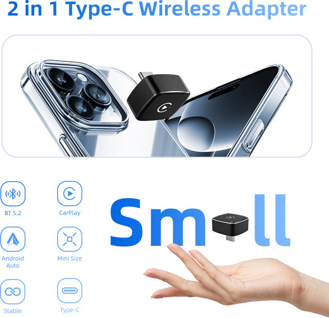 Ezonetronics Wireless CarPlay und Android Auto Adapter 2 in 1 für USB-C Fahrzeuge, Schwarz - Bild 1