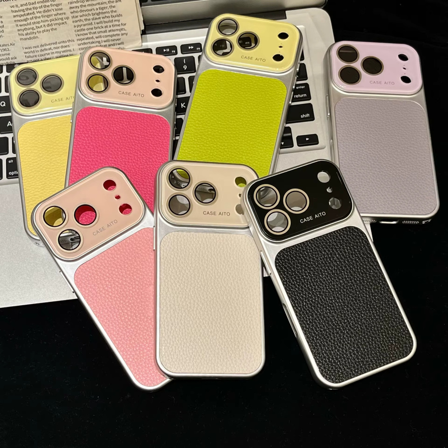 Apple Handyhülle aus PU-Leder in Litchi-Textur mit Linsenschutz und Stoßfänger für iPhone 17 16 15 14 Pro Max 13, Gelb - Bild 2