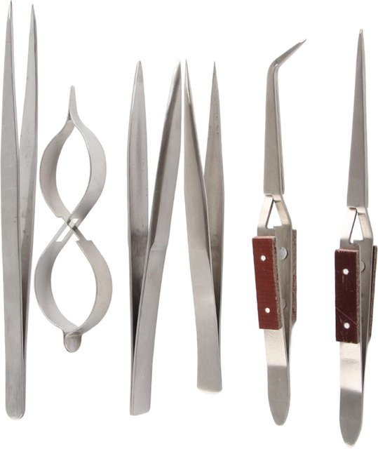 TOMTOP JMS 6-teiliges Schmuck-Pinzettenset aus Metall in Grau und Silber mit gerader und gebogener Spitze sowie selbstsichernder Verriegelung für Profis - Bild 1