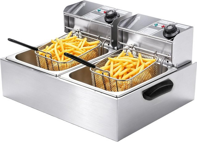 Fishine Elektrischer Doppeltank-Frittierer aus Edelstahl in Grau mit abnehmbarem Ölkorb und Auto-Thermostat, 12 l - Bild 1