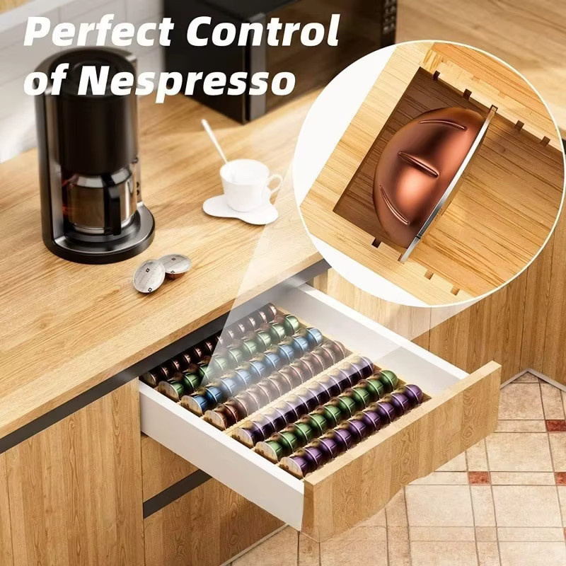 Erweiterbarer Kaffeekapsel-Organizer aus Holz in Braun für Nespresso als platzsparende Schublade und Aufbewahrungsständer für deine Küche - Bild 2
