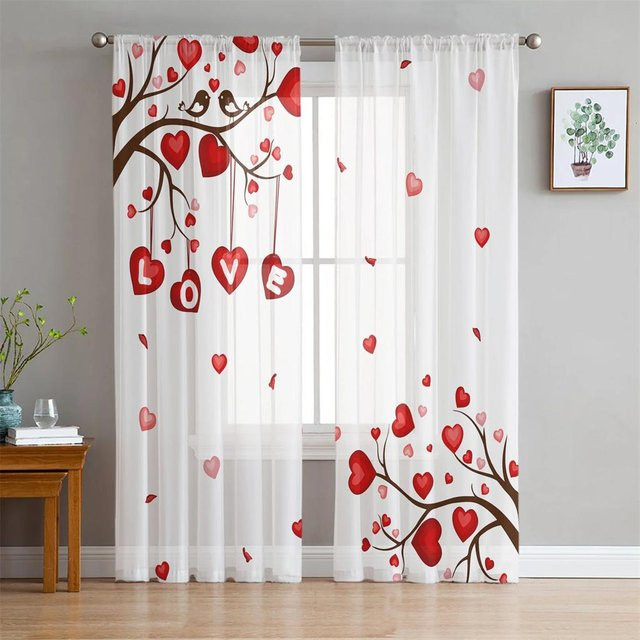 Yiran Furniture Transparentes Voile Fenster Vorhang Set mit Rote Herz Blume Design, 2 Stück, Breite: 70 cm, Höhe: 185 cm - Bild 1