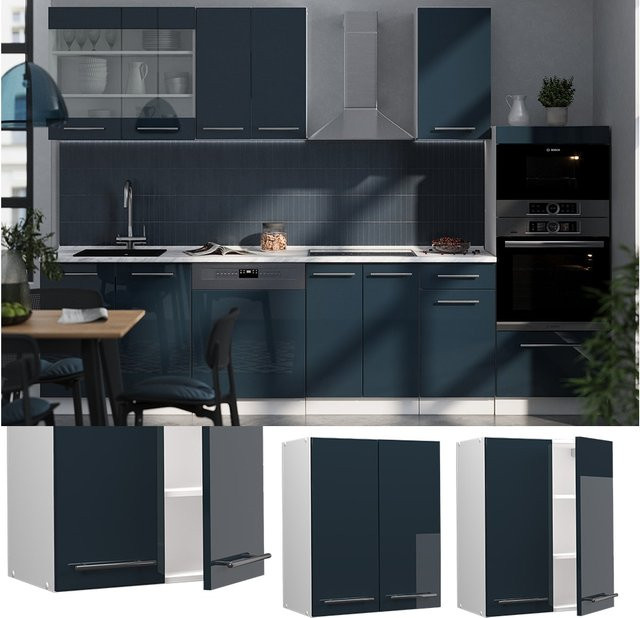 Vicco Hängeschrank Fame-Line Küchenschrank Hochglanz Weiß Dunkelblau B: 60 cm, H: 72 cm, T: 34,1 cm - Bild 1