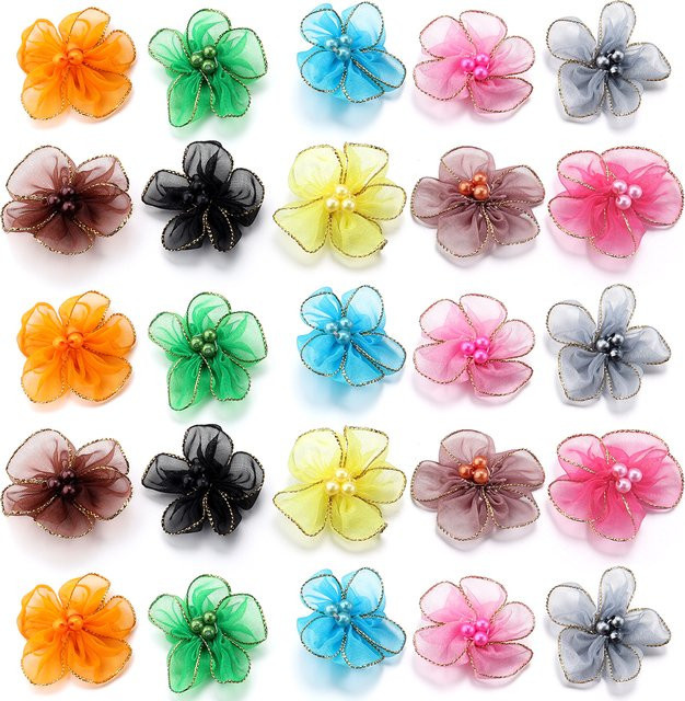 20 Stück handgefertigte Schneegaze-Blumen in Bunt mit Goldrand, Pflaumenblüten mit Durchmesser 4 cm für DIY-Kleidung und Dekorationszubehör - Bild 1