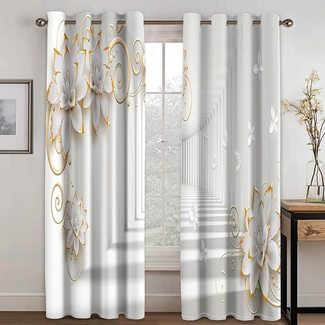 A Family Of Home Textiles Semi-transparente Fenstervorhänge mit abstraktem Kreislinien-Blumenmuster in Weiß, 2er-Set, B: 60 cm, H: 150 cm - Bild 1
