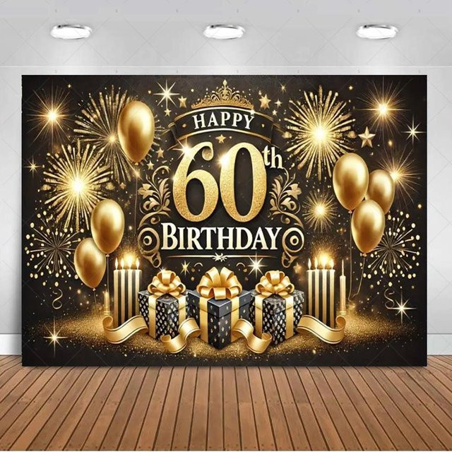 Party-Hintergrundbanner für den 60. Geburtstag von North Horizon in Gold und Rosa mit Glitzer-Luftballons, B/H: 180 x 120 cm - Bild 1