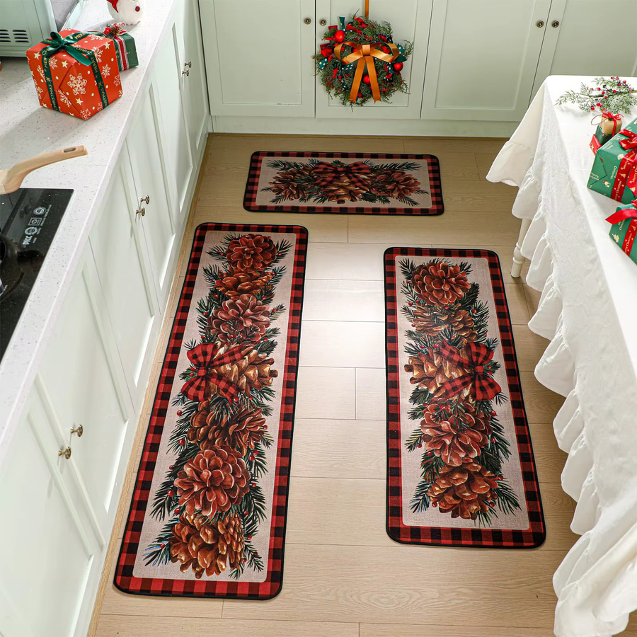 VIKAMA 3er-Set Vintage Weihnachts Küchenmatten und Badezimmerteppiche mit englischem Aufdruck in Multicolour - Bild 4