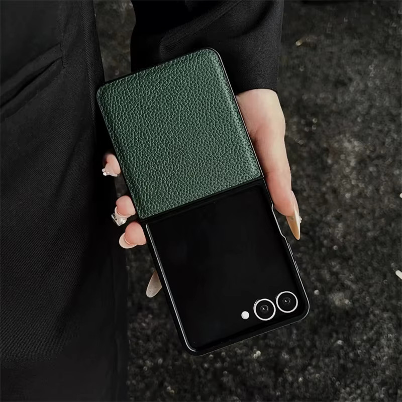 Luxuriöse Samsung Handyhülle aus PU-Leder mit Litschi-Muster für Samsung Galaxy Z Flip 7, Flip 6 und Flip 5, stoßfestes Softcover in Blau und Grün - Bild 2