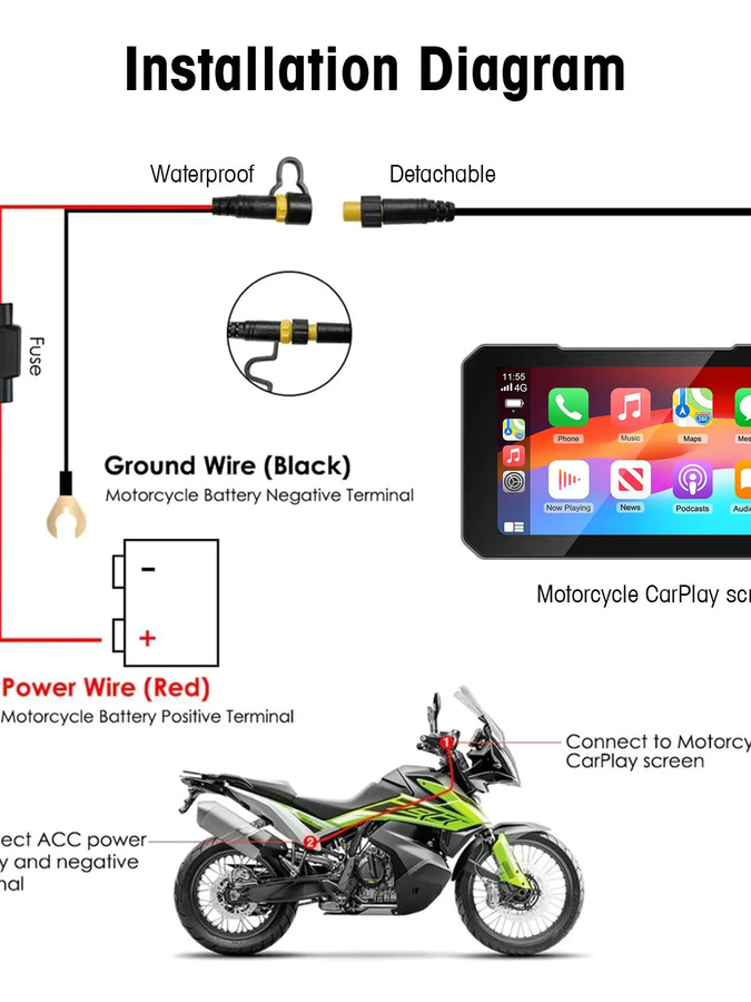 Ezonetronics HD 5 Zoll Touchscreen Motorrad CarPlay Bildschirm mit kabellosem CarPlay und Android Auto, IP67 wasserdicht, Schwarz - Bild 6