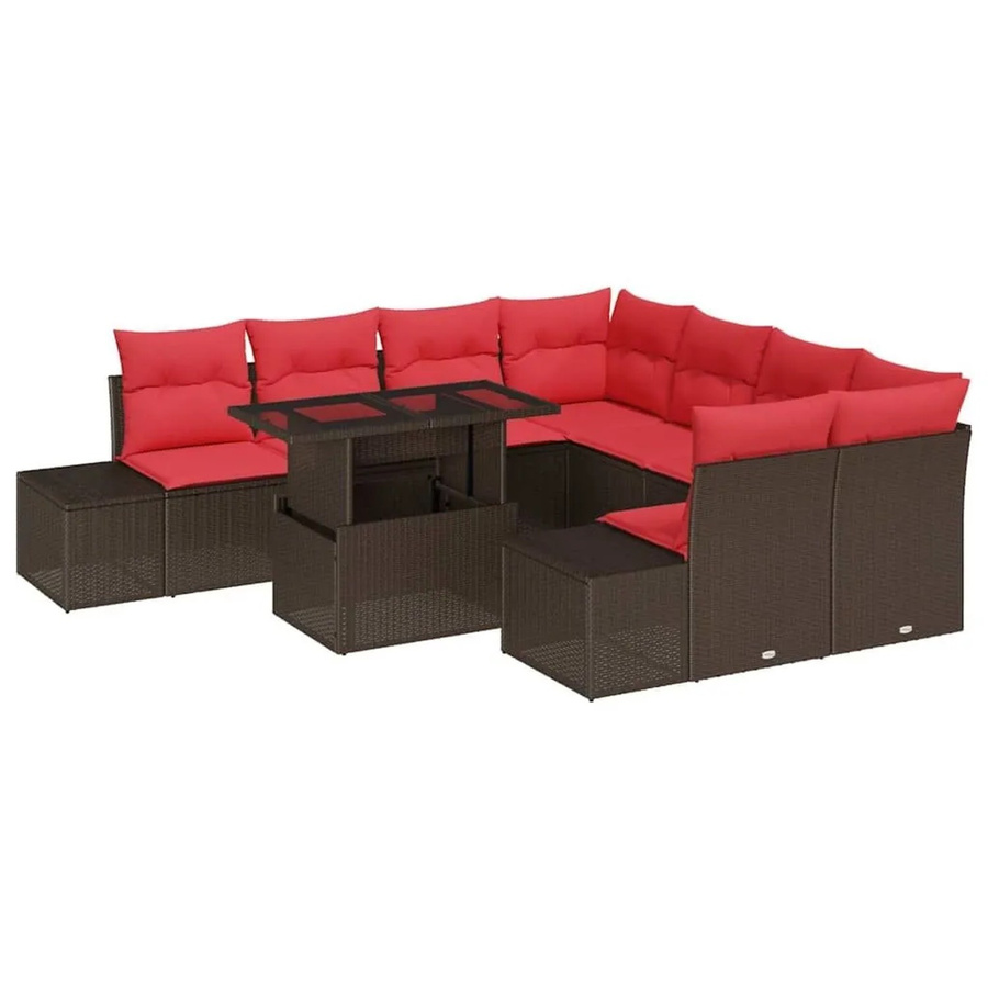 vidaXL Gartensofa-Set aus Poly-Rattan in L-Form mit 9 Kissen in Braun und Rot - Bild 2