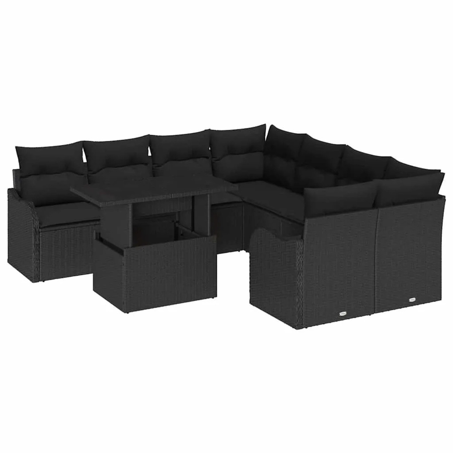 vidaXL 9-teiliges Gartensofa-Set aus Poly Rattan in Schwarz mit Kissen und Tisch im L-Shape Design - Bild 2
