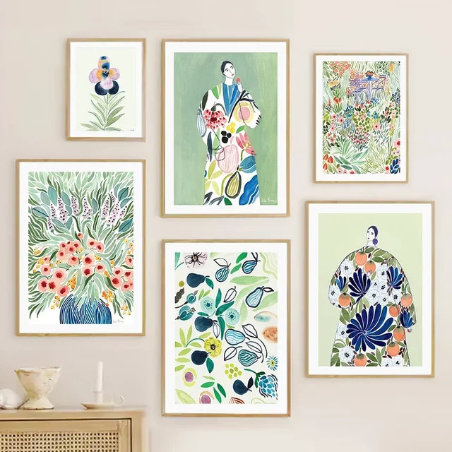 Potdemiel Boho Wandkunst Leinwandmalerei Blumengarten in Grün und Multicolour als botanisches Nordic Poster für dein Wohnzimmer - Bild 1
