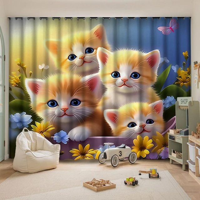 Yiran Furniture Verdunkelungsvorhänge mit Katzenmuster für Kinderzimmer, Mehrfarbig, Breite: 70 cm, Höhe: 185 cm - Bild 1