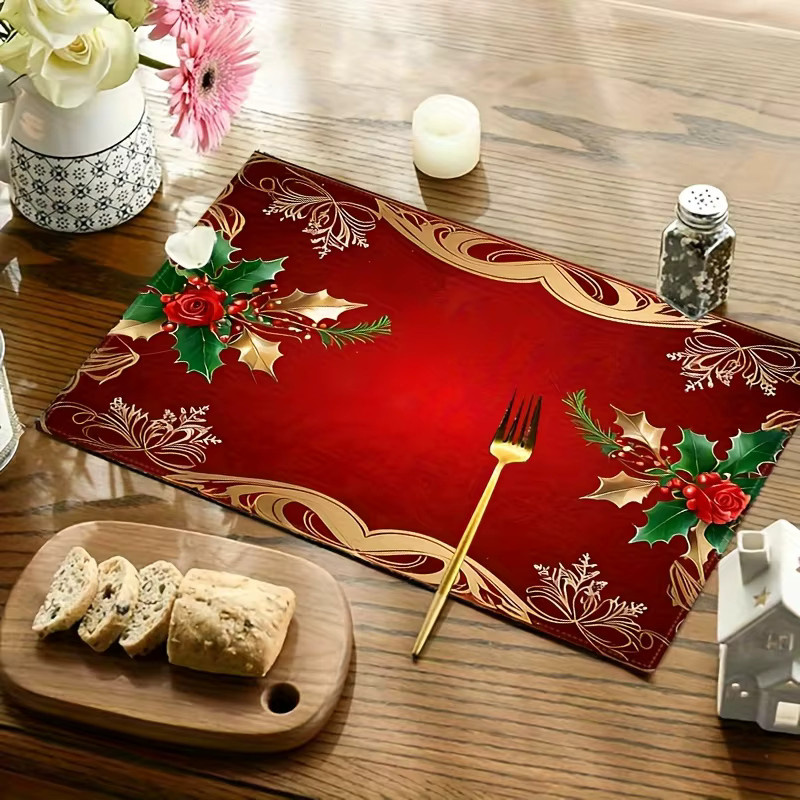 VIKAMA Weihnachtliche Tischsets mit Stechpalmenblättern, Beeren und Rosen in Rot, 4er Set - Bild 2