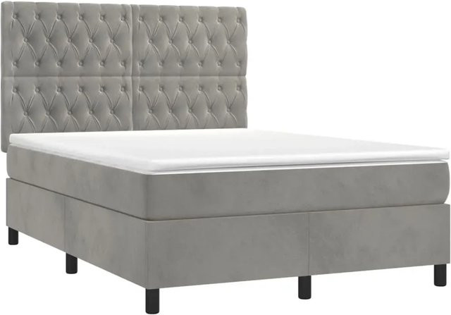 vidaXL Boxspringbett mit Matratze in Hellgrau, Hybridbett mit LED-Unterbettbeleuchtung und USB-Anschluss, Samt, B/T: 140 x 190 cm - Bild 1