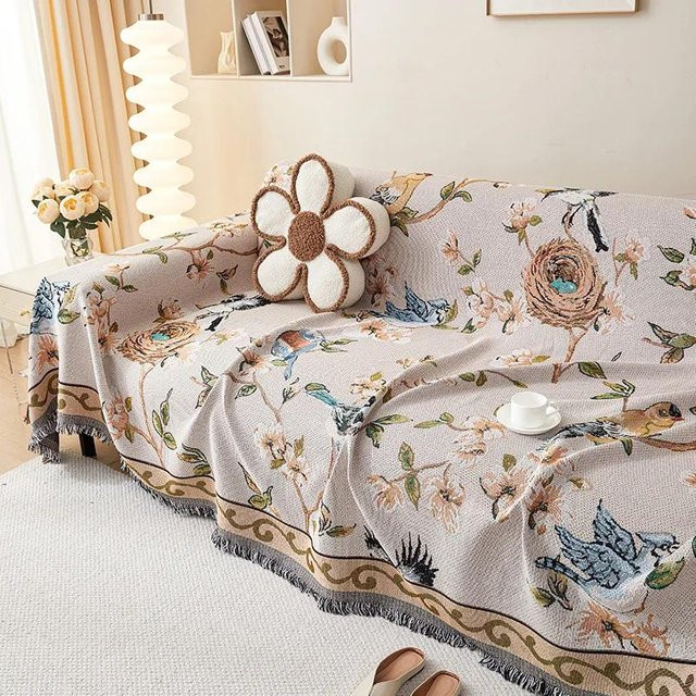 Your Warm Home Boho Sofa Überwurf aus Baumwolle und Leinen mit Blumenmuster in Beige, B x T: 180 x 260 cm - Bild 1