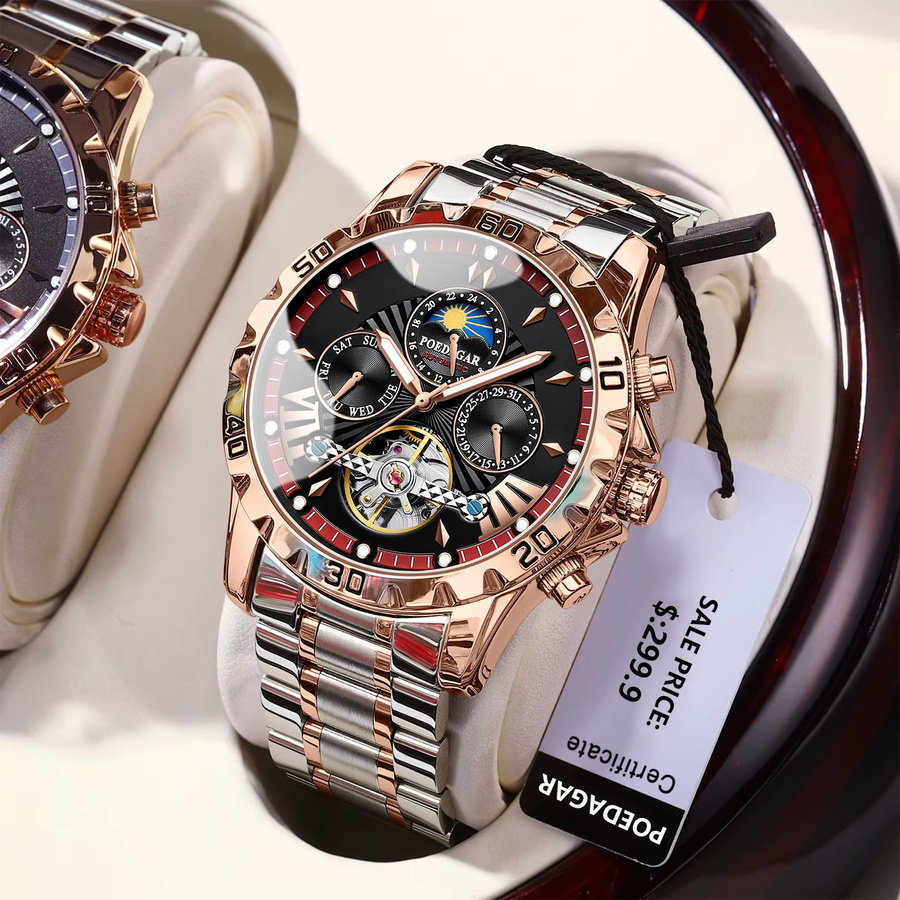 POEDAGAR Armbanduhr Automatik, Edelstahl, Tourbillon, Herren, Schwarz - Bild 6