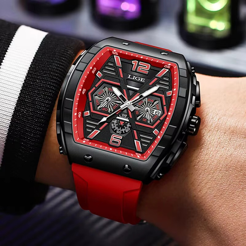 LIGE Armbanduhr Chronograph, Quarz, Silikon, Schwarz, Herren - Bild 4