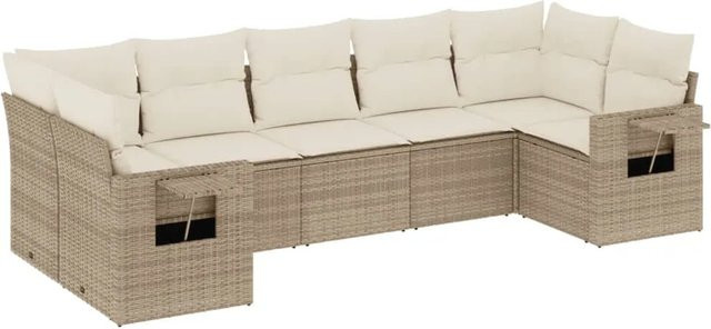 vidaXL 7-tlg Garten-Sofagarnitur in L-Form aus PE-Rattan und pulverbeschichtetem Stahl mit Kissen in Beige und Cremeweiß - Bild 1